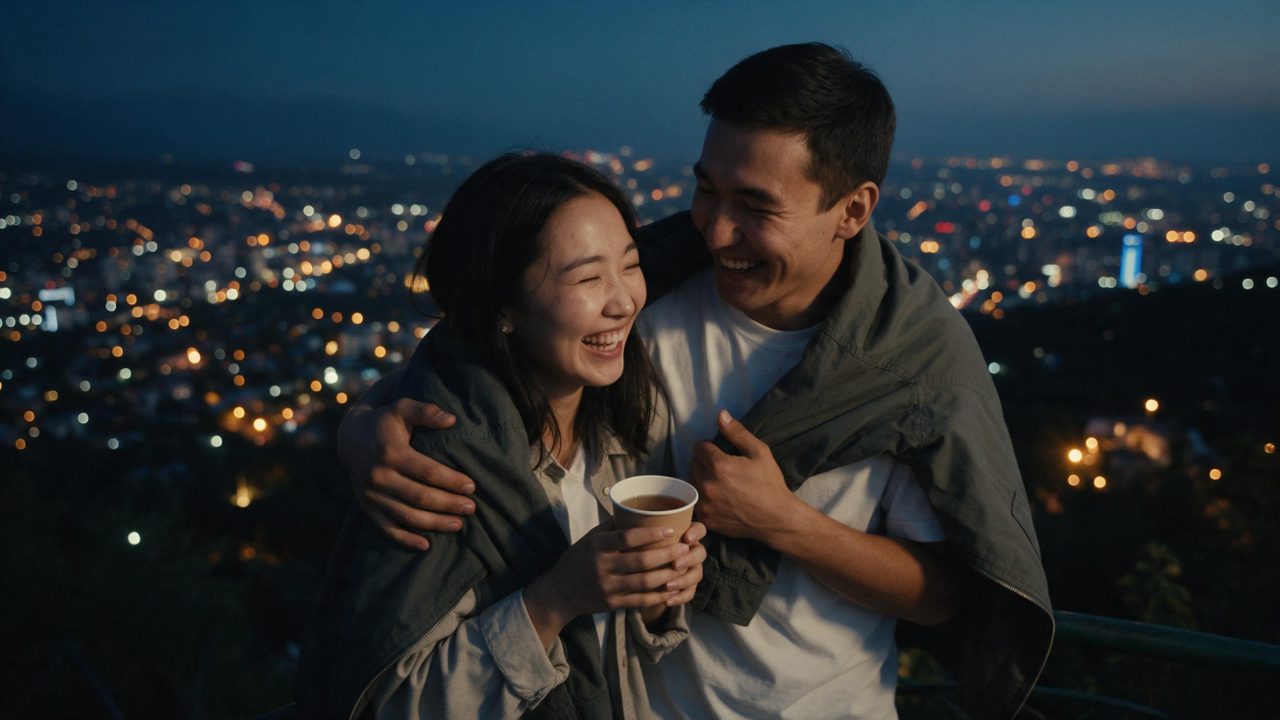 Love Story: пара смеётся на Кок-Тобе ночью